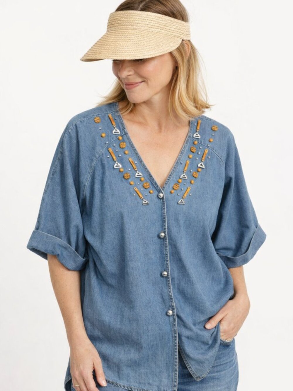 Bingo Bingo Blouse Women Medium Denim Embellished Button Up V Neck Vintage